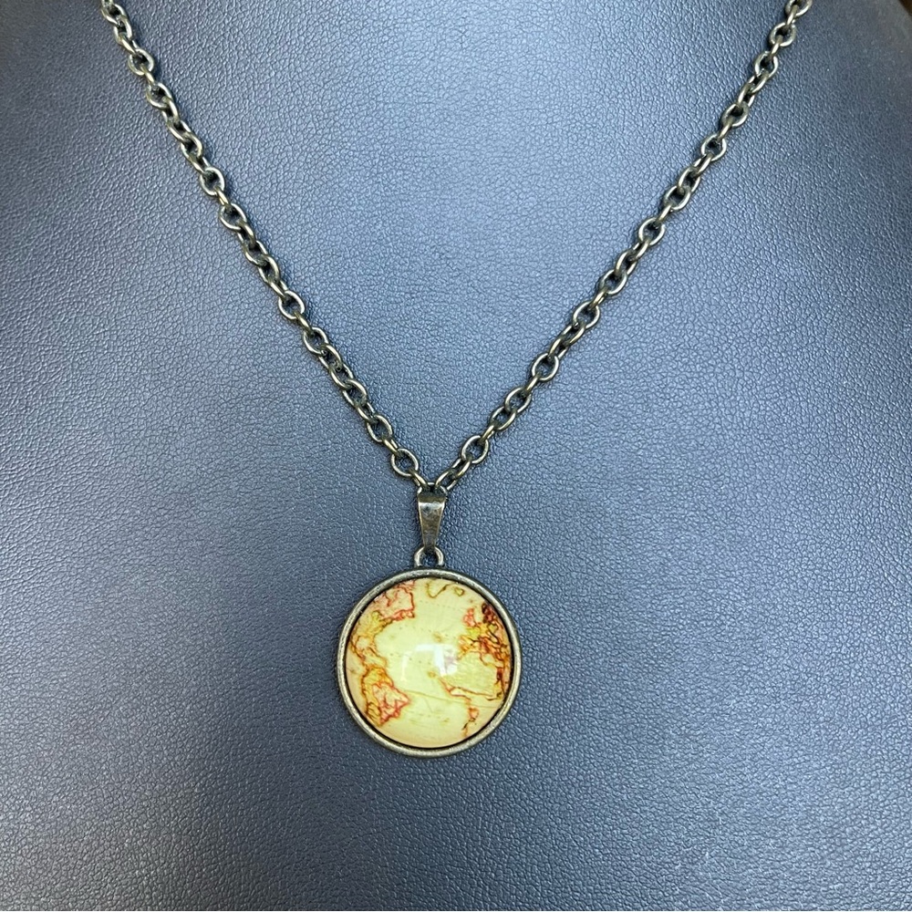 ZAD Antique Bronze Bubble Dome Glass World Map Pendant Charm Necklace 18” Length
